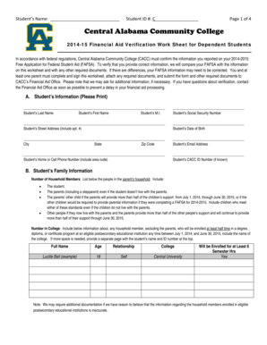 2014-15 Financial Aid Verification Work Sheet for Dependent Students