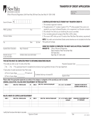 SUNY New Paltz Transfer of Credit Application