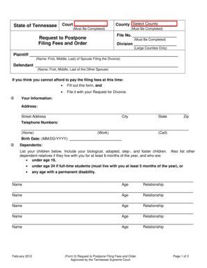 Tennessee Request to Postpone Filing Fees and Order