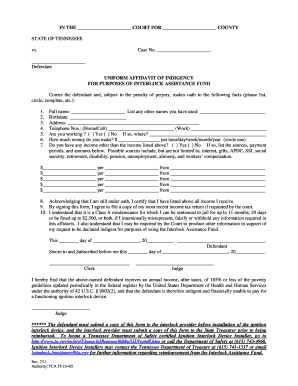 Tennessee Uniform Affidavit of Indigency for Interlock Assistance Fund