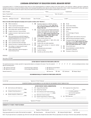 LOUISIANA DEPARTMENT OF EDUCATION SCHOOL BEHAVIOR REPORT