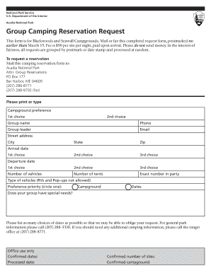 Acadia National Park Group Camping Reservation Request