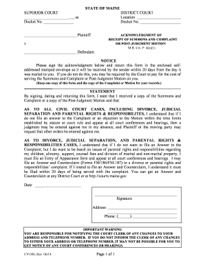 Maine Acknowledgment of Receipt of Summons and Complaint