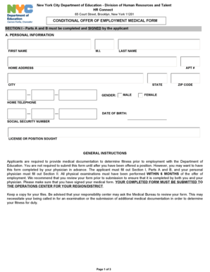 New York City DOE Conditional Offer Employment Medical Form