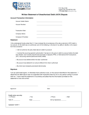Unauthorized Debit Dispute Form