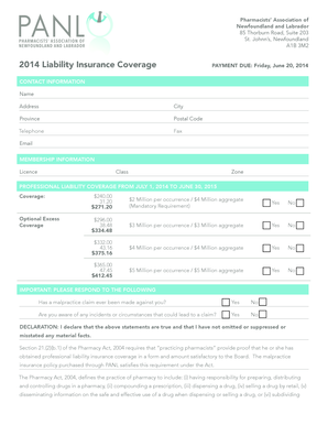 Pharmacists’ Association of Newfoundland and Labrador Liability Insurance Form