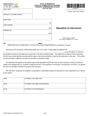 Minnesota Workers' Compensation Stipulation of Intervention
