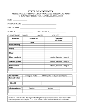Minnesota Residential Envelope Code Compliance Form