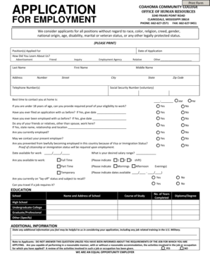 Cohoma Community College Employment Application
