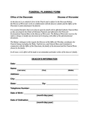 2008 MA Diocese of Worcester Funeral Planning FormFill Online, Printable,  Fillable, Blank - pdfFiller