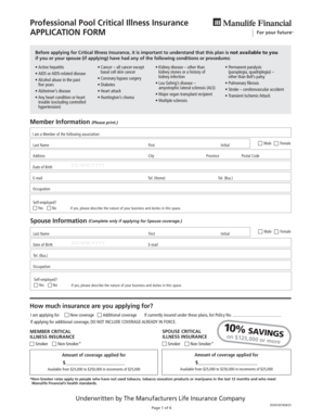 Professional Pool Critical Illness Insurance Application Form
