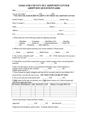 Oakland County Pet Adoption Questionnaire