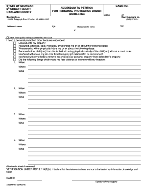 Michigan Domestic Personal Protection Order Addendum
