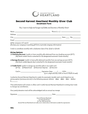 Second Harvest Heartland Monthly Giver Club Enrollment Form