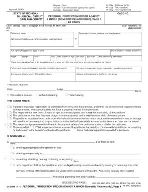 Michigan Personal Protection Order Against a Minor