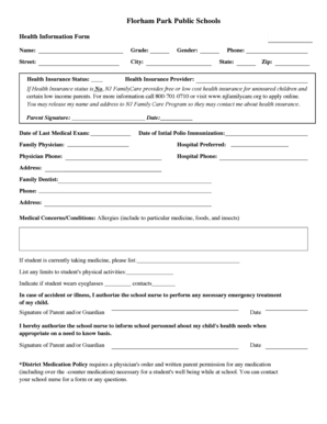 Florham Park Public Schools Health Information Form
