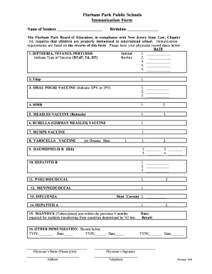 Florham Park Public Schools Immunization Form