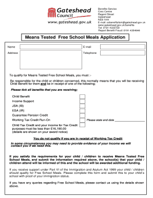 Means Tested Free School Meals Application