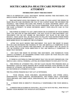 South Carolina Health Care Power of Attorney