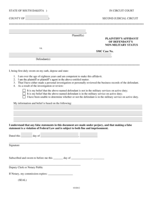 Plaintiff’s Affidavit of Defendant’s Non-Military Status