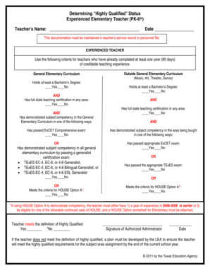 Teacher Highly Qualified Status Form