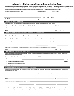 University of Minnesota Student Immunization Form