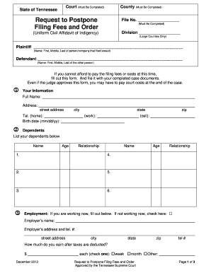 Tennessee Request to Postpone Filing Fees and Order