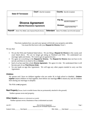 Tennessee Divorce Agreement Form