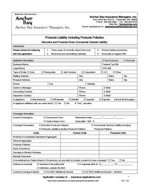 Products Liability Insurance Application