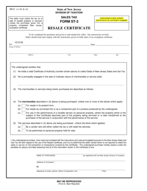 New Jersey Sales Tax Purchaser’s Resale Certificate