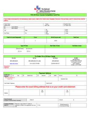 OSHA Training Completion Card Fee Form