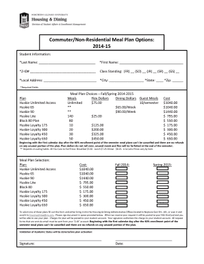 Commuter Meal Plan Selection Form