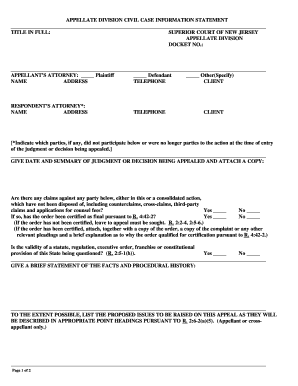New Jersey Appellate Division Civil Case Information Statement