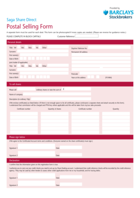 Saga Share Direct Postal Selling Form