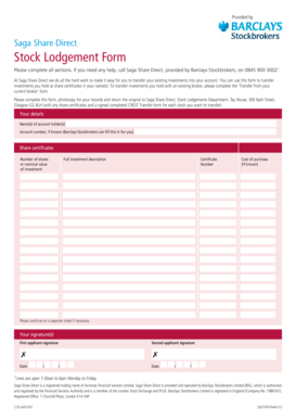 Saga Share Direct Stock Lodgement Form