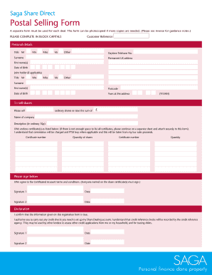 Saga Share Direct Postal Selling Form