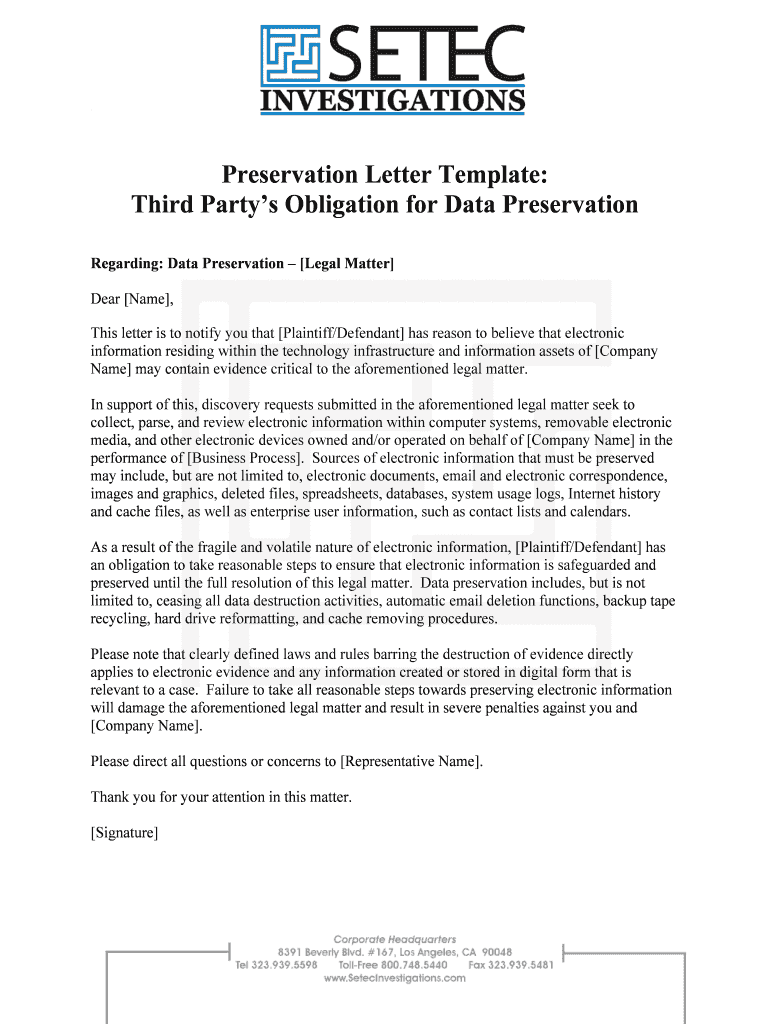 Preservation Letter Template: Preview on Page 1