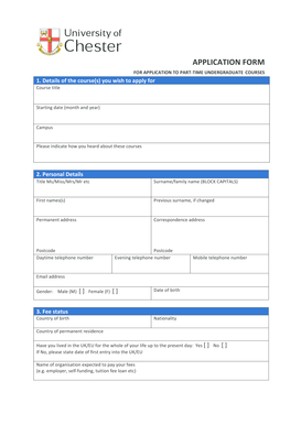 University of Chester Part-Time Undergraduate Application Form