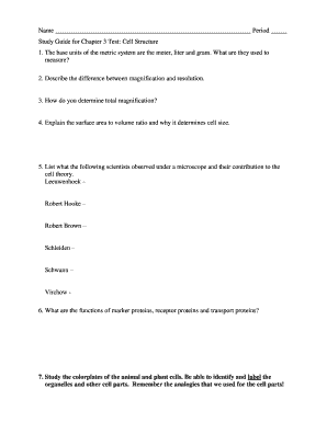 Study Guide for Chapter 3 Test Cell Structure