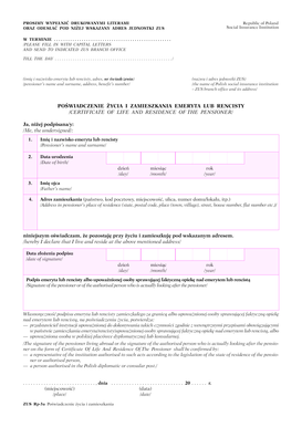 Certificate of Life and Residence of the Pensioner