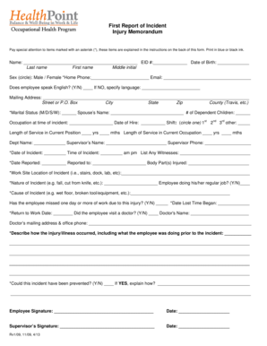 First Report of Incident Injury Memorandum