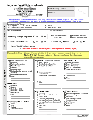 Pennsylvania Civil Cover Sheet