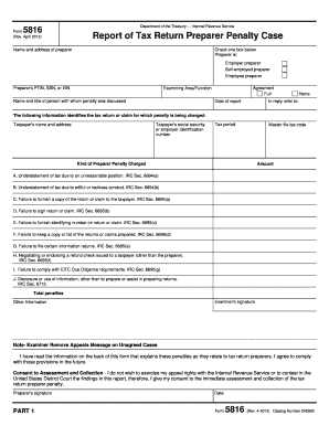 IRS Form 5816 Report of Tax Return Preparer Penalty Case
