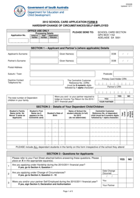 2012 School Card Application Form B