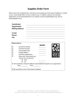 Hawaii Foodbank Supplies Order Form