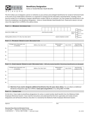 Beneficiary Designation Form for Active or Vested Member Death Benefits