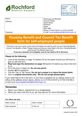 Housing Benefit and Council Tax Benefit Form for Self-Employed