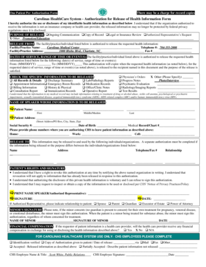 Carolinas HealthCare System Authorization for Release of Health Information
