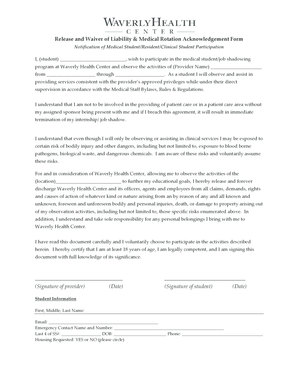 Release and Waiver of Liability & Medical Rotation Acknowledgement Form