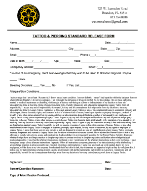 Tattoo &amp; Piercing Standard Release Form